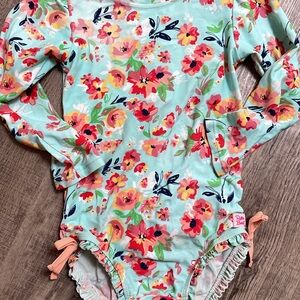 Ruffle Butts Floral Long Sleeve Swimsuit - Aqua and Pink